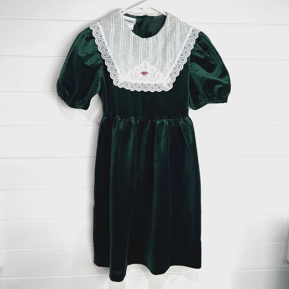 Bonnie Jean Vintage green velvet dress white lace collar Girls size 12